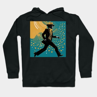 Vintage - 60s-70s style disco dance, stylish dancer in hat and suit among twinkling Safit lights, design illustration. Hoodie